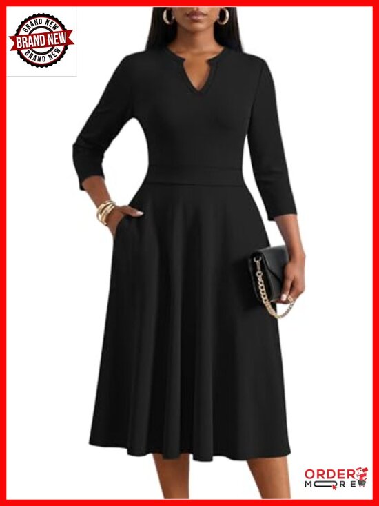 Dresses & Skirts - 3/4 Sleeve V-Neck High Waist A-Line Midi Dress with Pockets